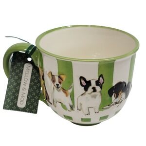 Mellow & Mod Dog Breeds Ceramic Mug Green White Striped Frenchie Dachshund NEW
